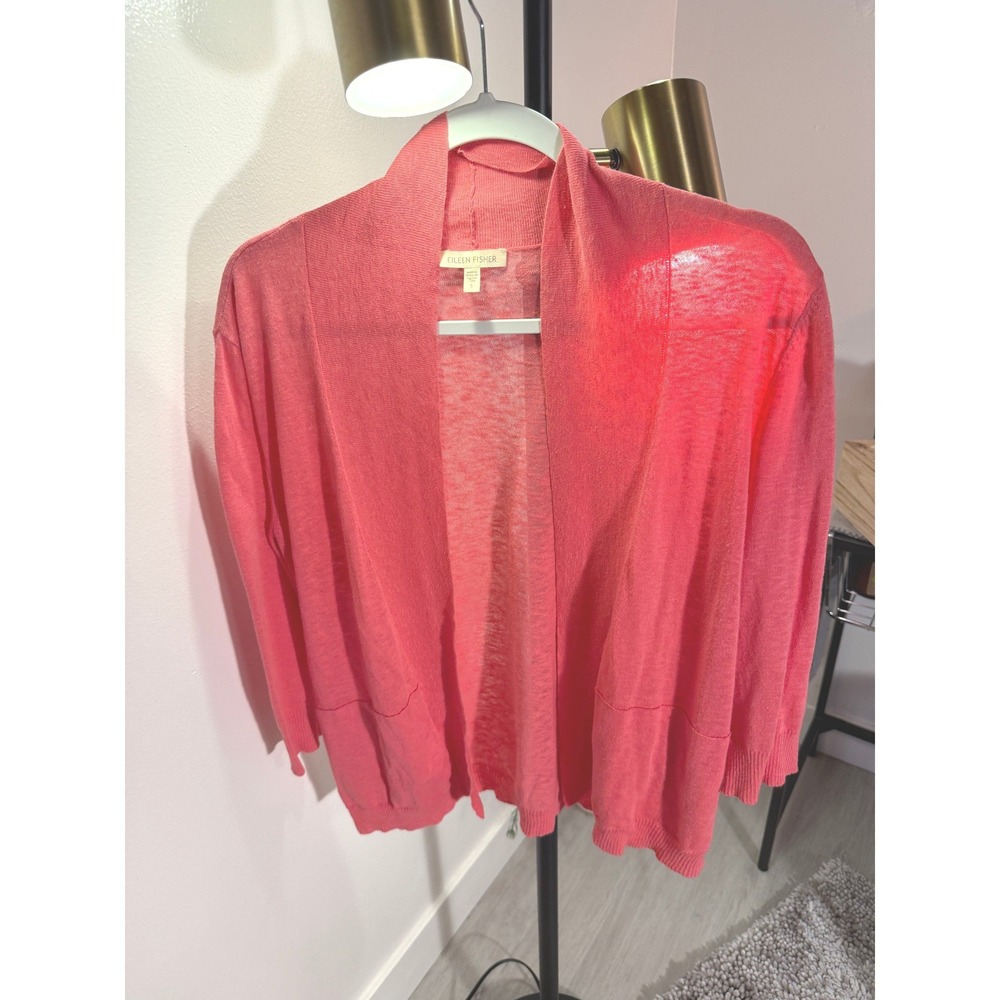 Eileen Fisher cardigan open coral quiet luxury packable vacation office SM EUC